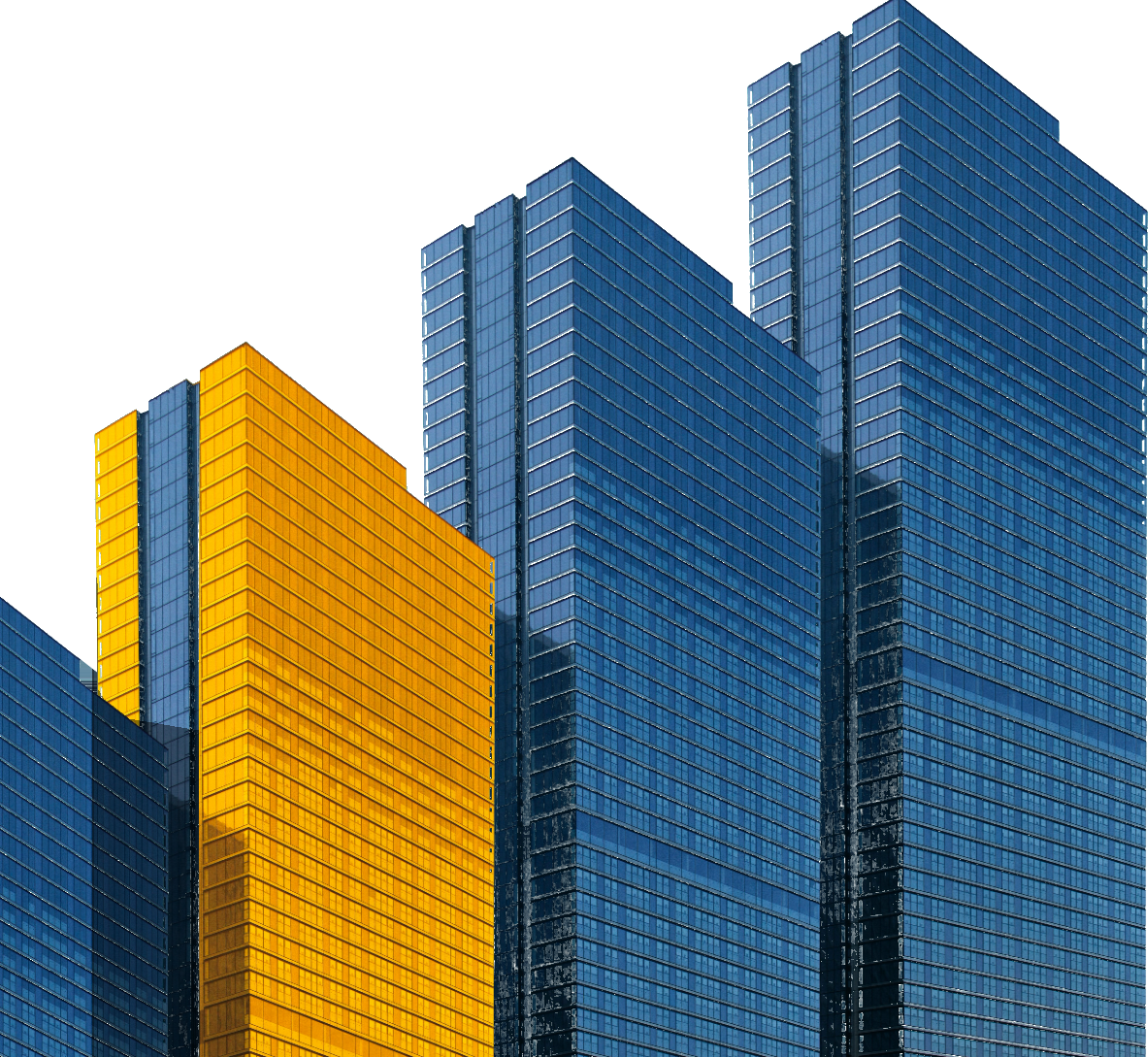 City skyline at dusk with three slate towers and one golden tower