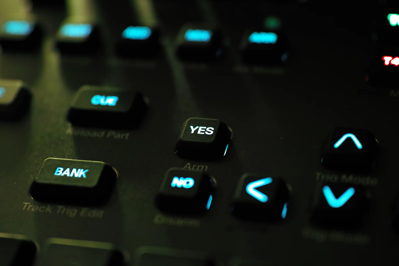 Close-up of Octatrack MKII YES, BANK and CUE buttons and arrow controls.